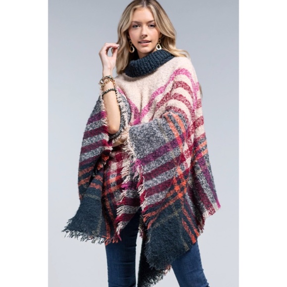 SOLD OUT Kansas Soft Boucle Knit Yarn Dye Plaid Turtleneck Poncho Womens Winter - Picture 2 of 6